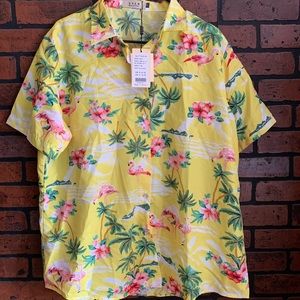 Luau shirt. Yellow with pink flamingos